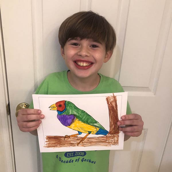 Photo of a little boy holding up a drawing of a Gouldian Finch