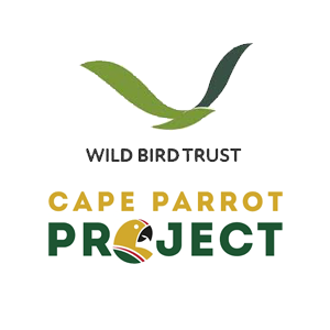 Wild Bird Trust Logo - Black sans-serif type with green seagull icon above and Cape Parrot Project logo below in gold and dark green sans-serif type