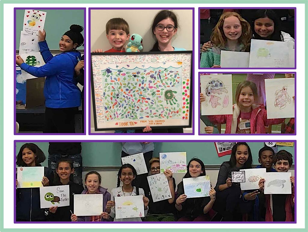 Photo collage of children holding up their drawings