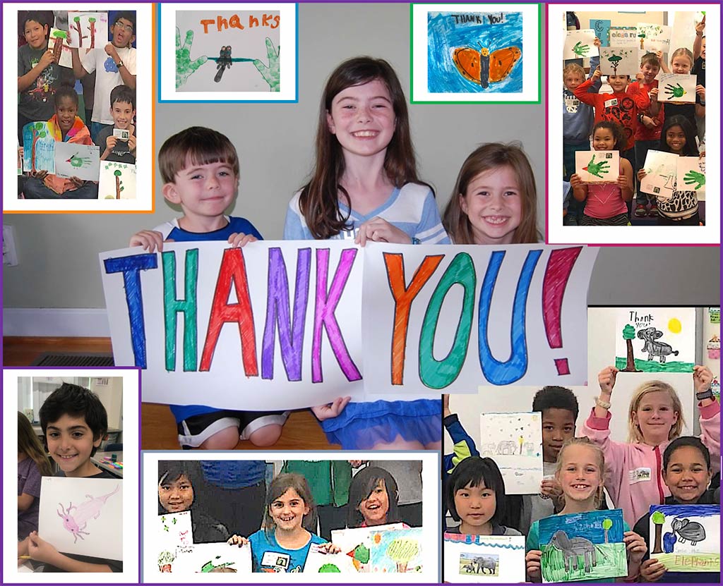 Photo of three children holding up a thank you sign with overlaying photo collage of children holding up their drawings